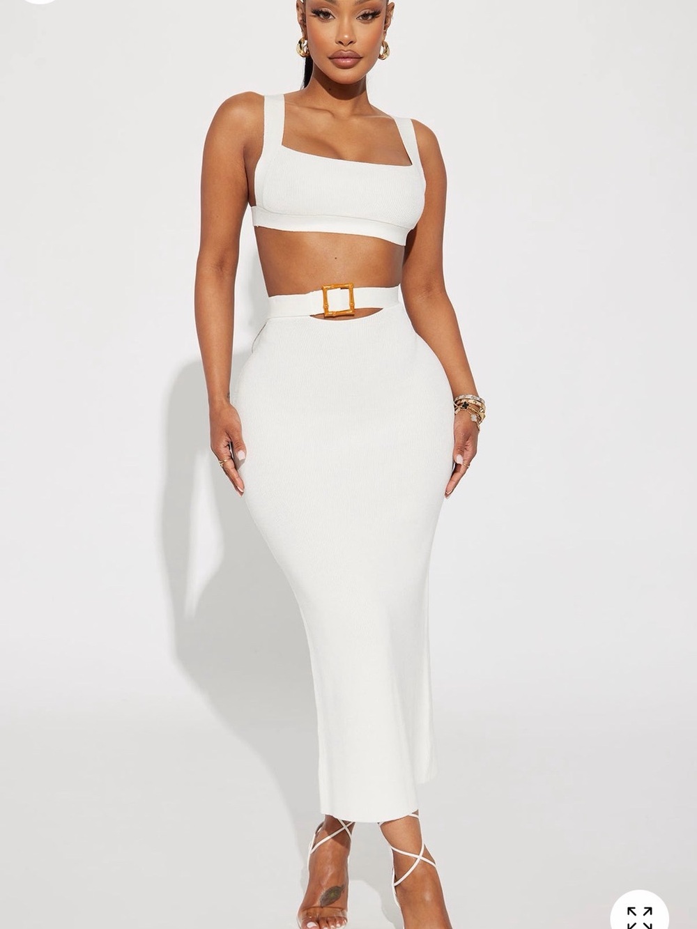 White Ribbed High-Waist Midi Skirt two piece set with Gold Buckle